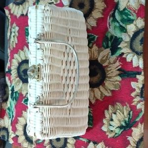 Women Bag Vintage, Simon, hand  Off white, wicker, brown leather, gold